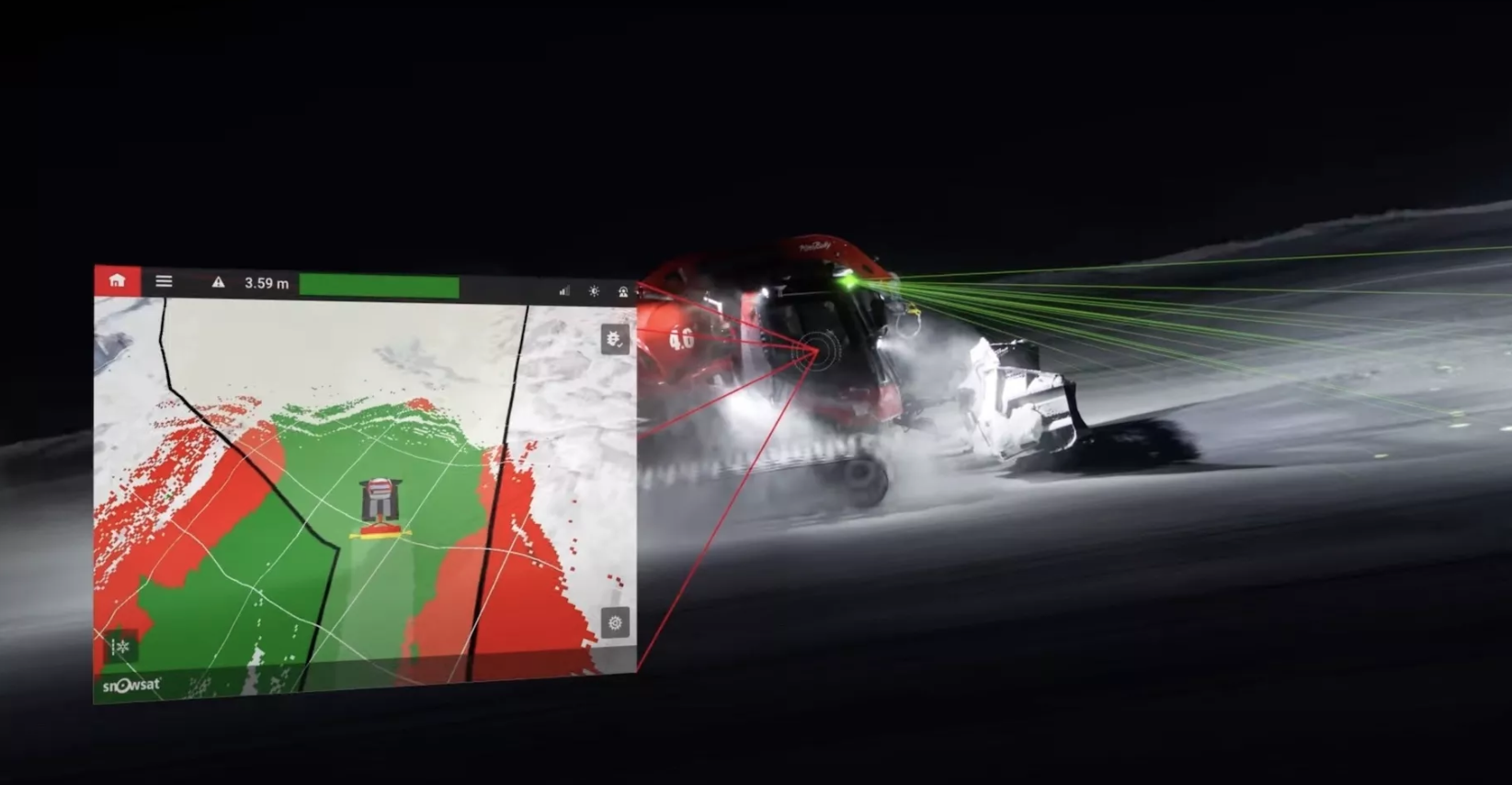 Lidar reads the snow depth in front of the piste machine